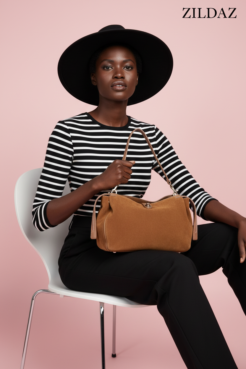 Campagne ZILDAZ - Sac daim camel pose assise