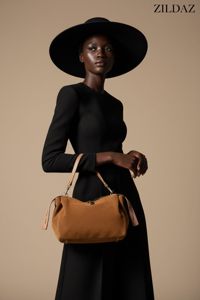 Campagne ZILDAZ - Sac daim camel pose debout