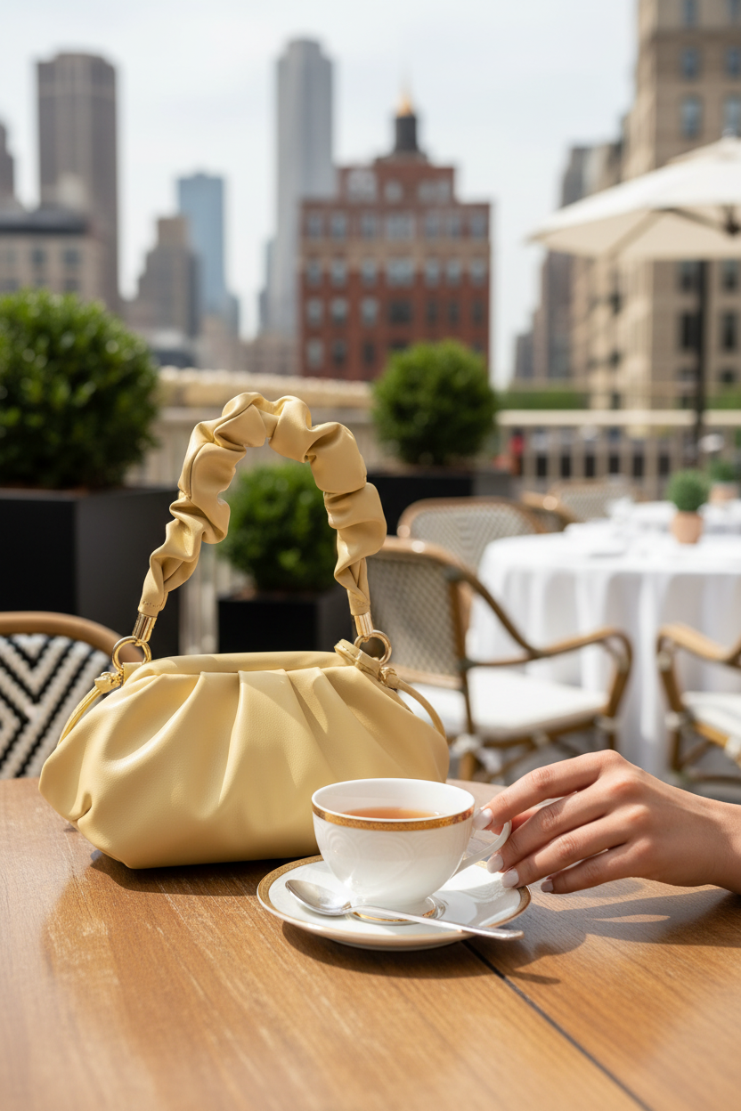 Détail du sac jaune sur la table