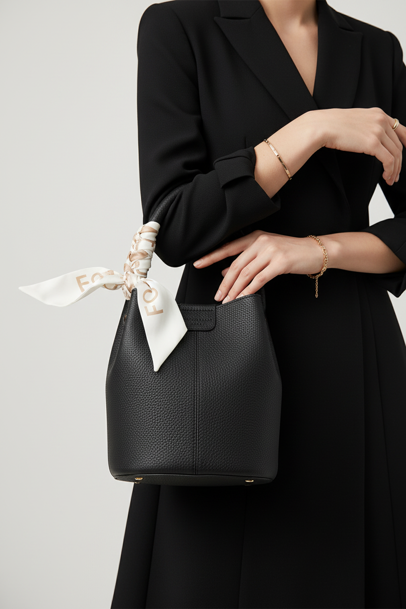 Détail du sac noir et foulard