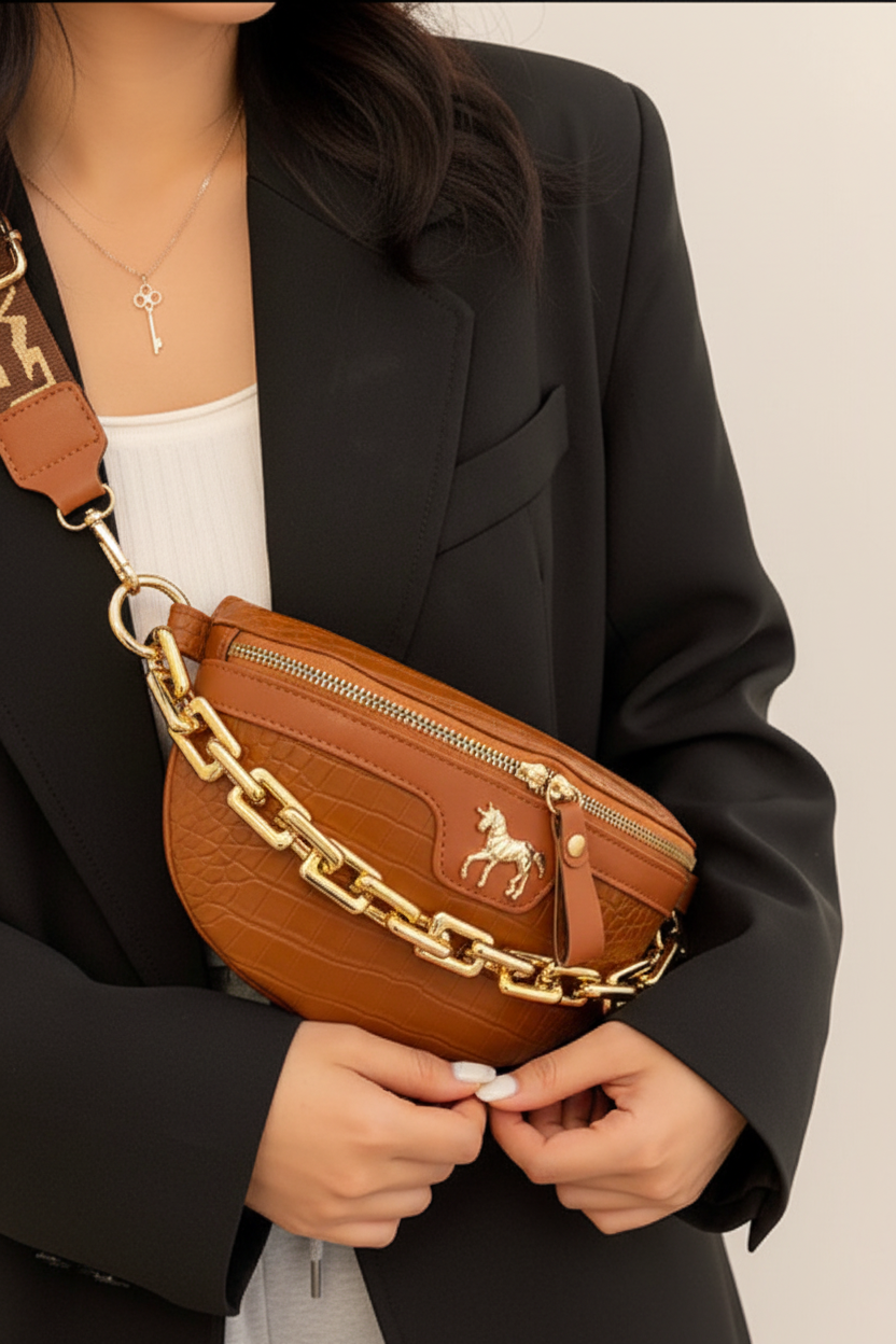 Gros plan sur le sac et la chaîne dorée