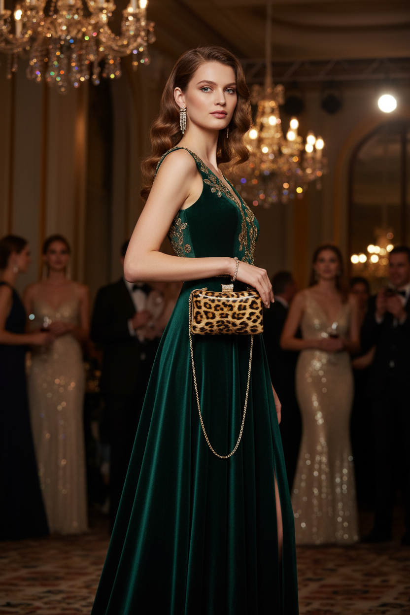 Mannequin glamour en robe de gala avec la pochette léopard dorée