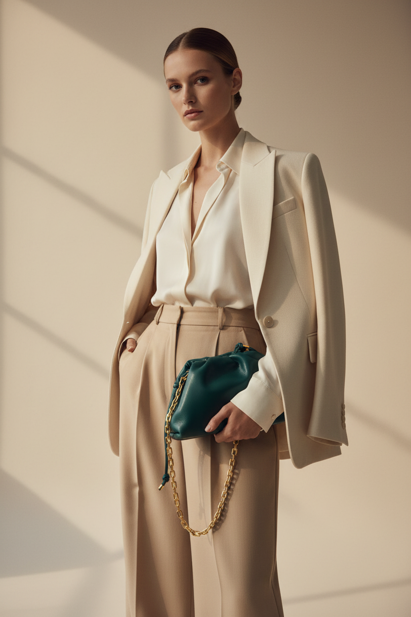 Mannequin avec sac vert émeraude - pose sophistiquée