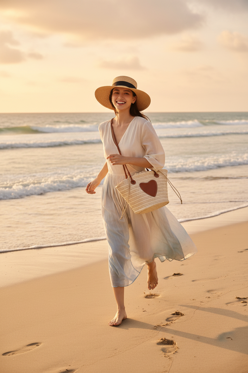 Mannequin courant sur la plage vue frontale