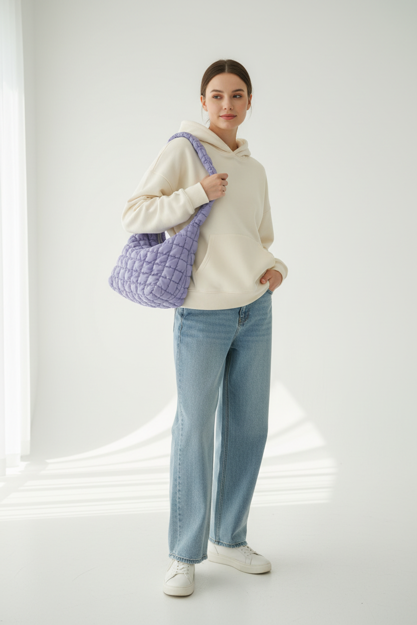 Mannequin en tenue décontractée avec sac lilas