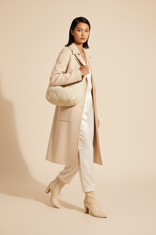 Sac hobo blanc porté à l'épaule - pose dynamique