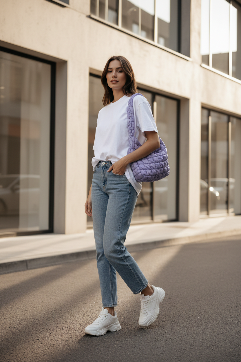 Sac lilas porté casual - pose urbaine