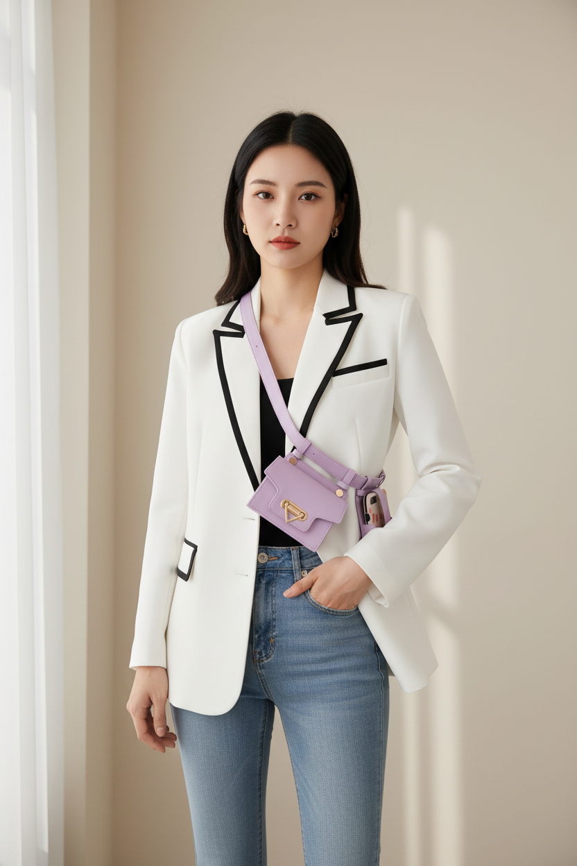 Sac lilas porté en bandoulière - look blazer blanc